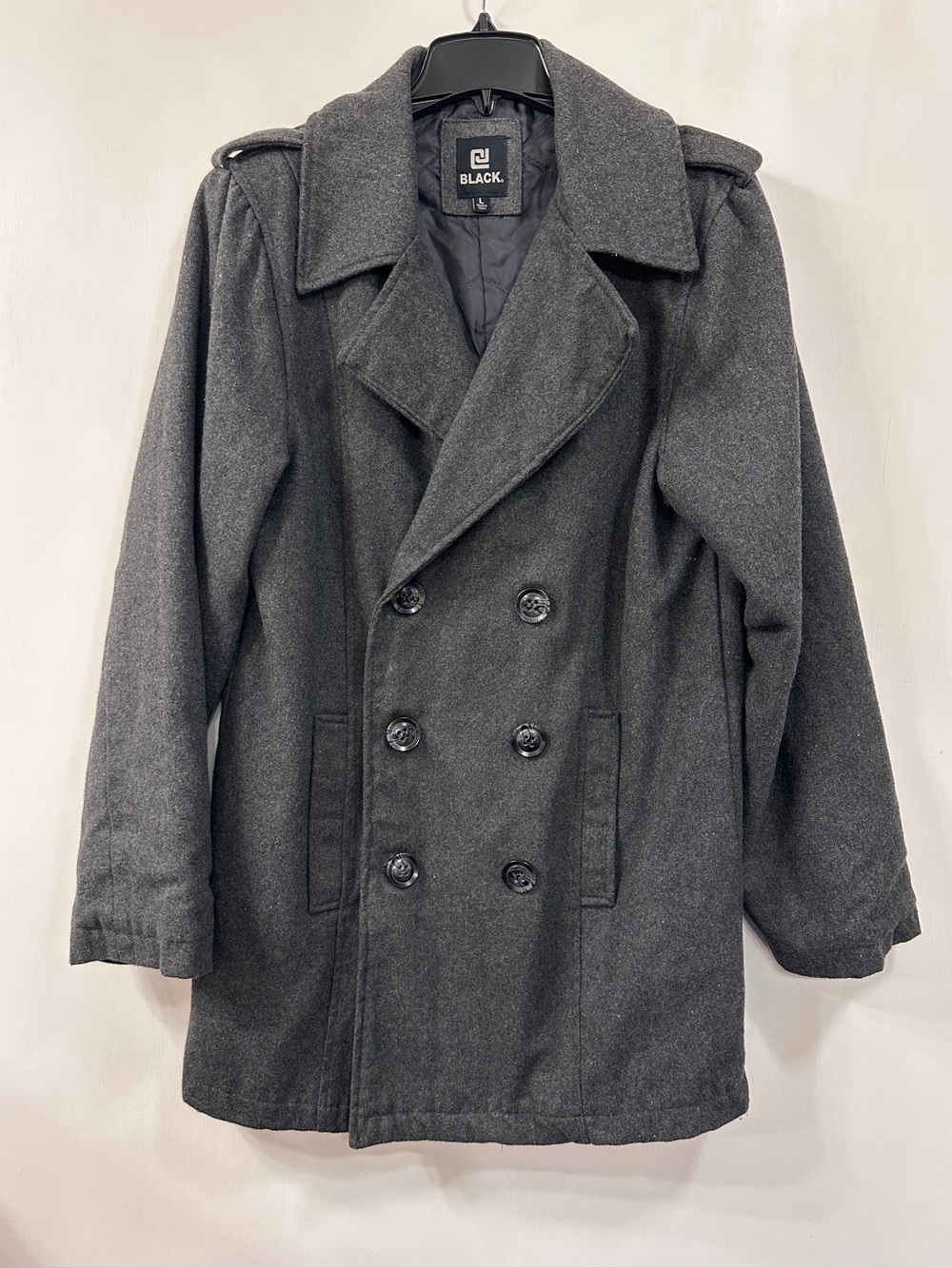 CJ Black Wool Blend Pea Coat Mens Size L Charcoal Gray Double Breasted Classic